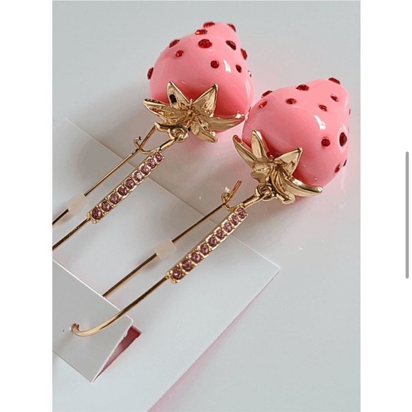 Betsey Johnson Hanging Pink/Red Strawberry Gem Drop Earrings NWT - Picture 4 of 10